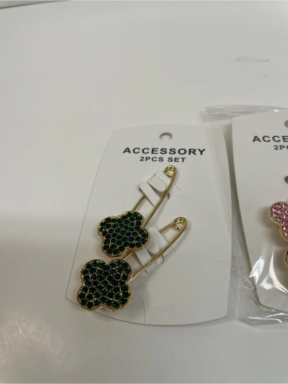 Gold-Tone Clover Pin Brooches - Green and Pink Sets